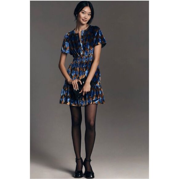 NEW Anthropologie Somerset Velvet V-Neck Smocked Tiered Mini Dress XX-Small & XS - Picture 3 of 8
